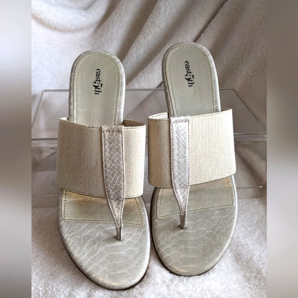 Women's East5th Cream Snakeskin pattern & soft gold low heel slip on’s | Size 10